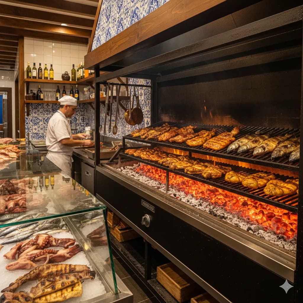 Grelhador a carvão no Brasa da Bela Vista com carnes e peixes frescos em exposição
