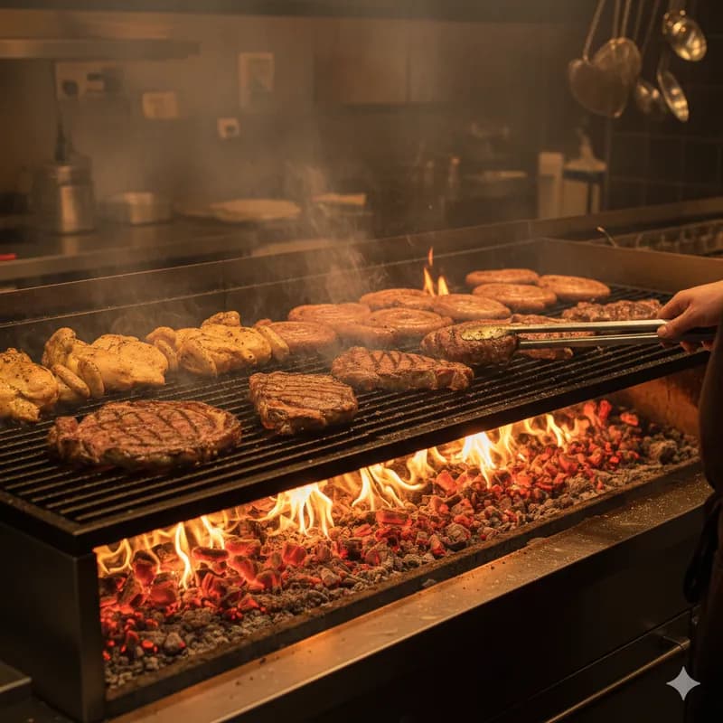 Grelhador a carvão com carnes no Brasa da Bela Vista