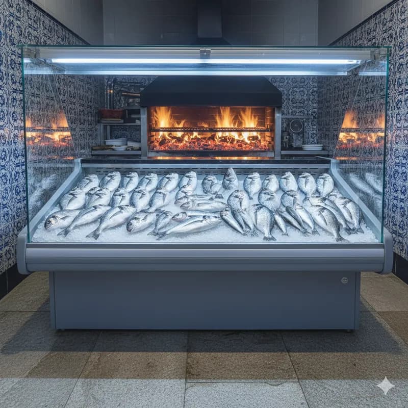 Montra de peixe fresco à entrada do restaurante