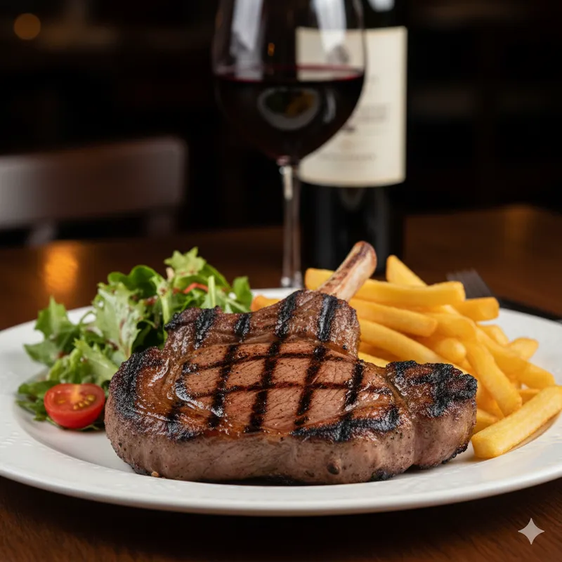 Costeleta de novilho grelhada com salada e batatas