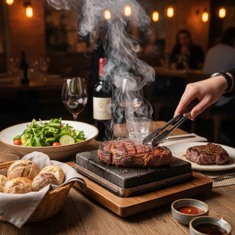 Bife a crepitar na pedra quente à mesa
