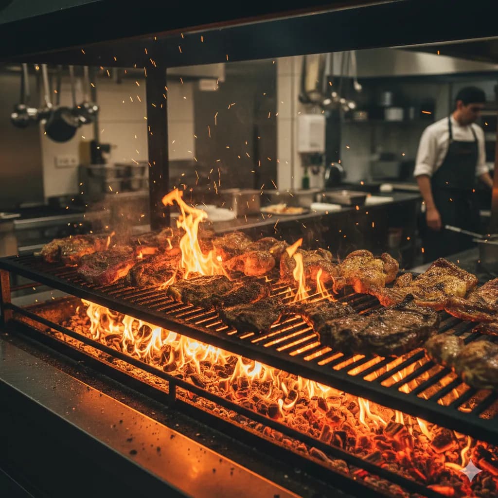 Grelhador a carvão com chamas e carne no Brasa da Bela Vista