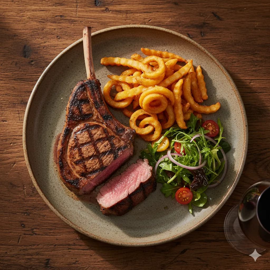 Costeleta de novilho grelhada com salada e batatas